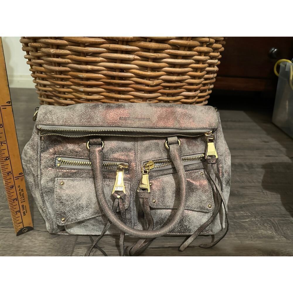 Aimee Kestenberg Soho Gunmetal Metallic Nubuck Leather Satchel Shoulder Bag